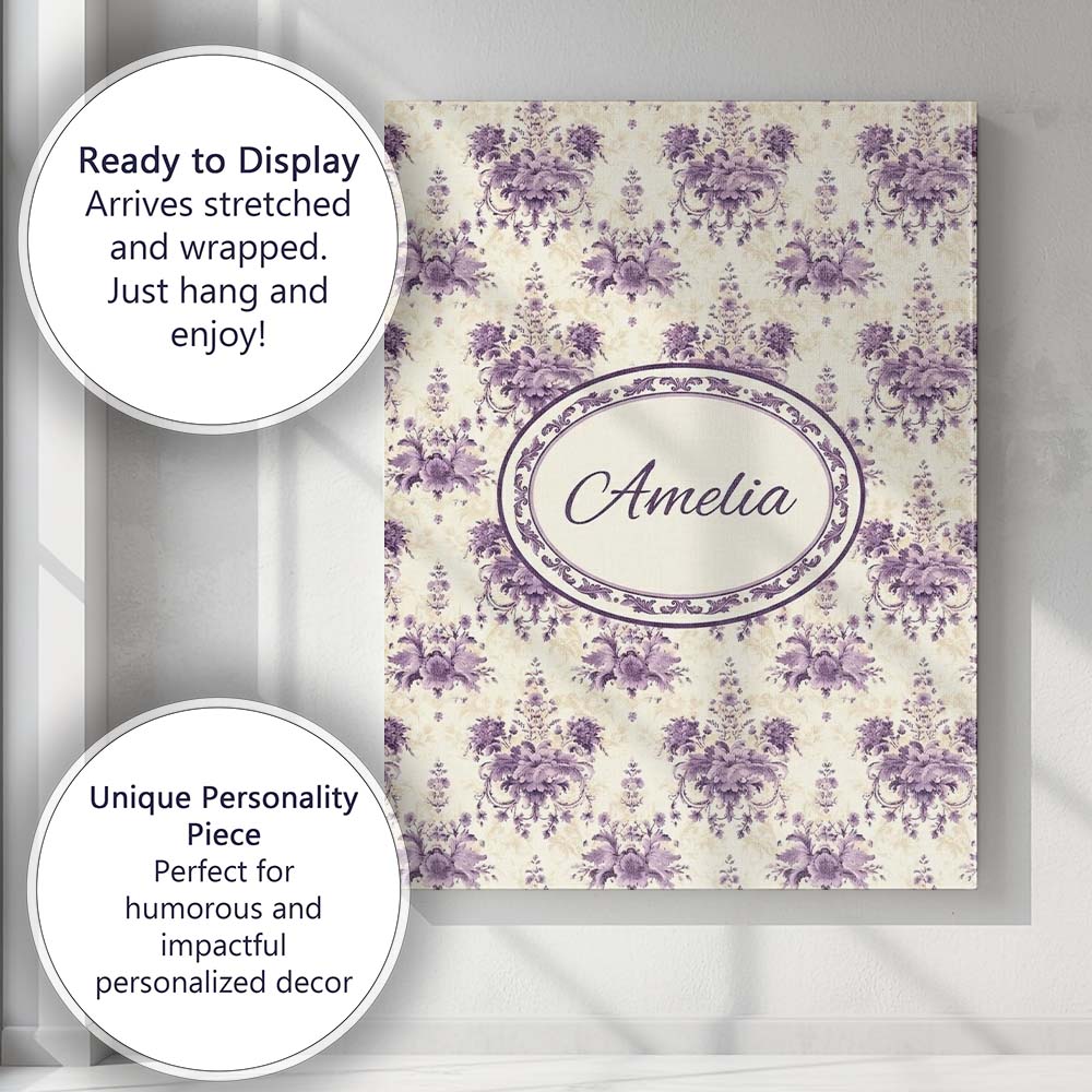 Personalised Name Elegant Purple Damask Custom Unique Gift Idea Modern Room Accent Canvas Wall Art Print Decor Picture Ready to Hang
