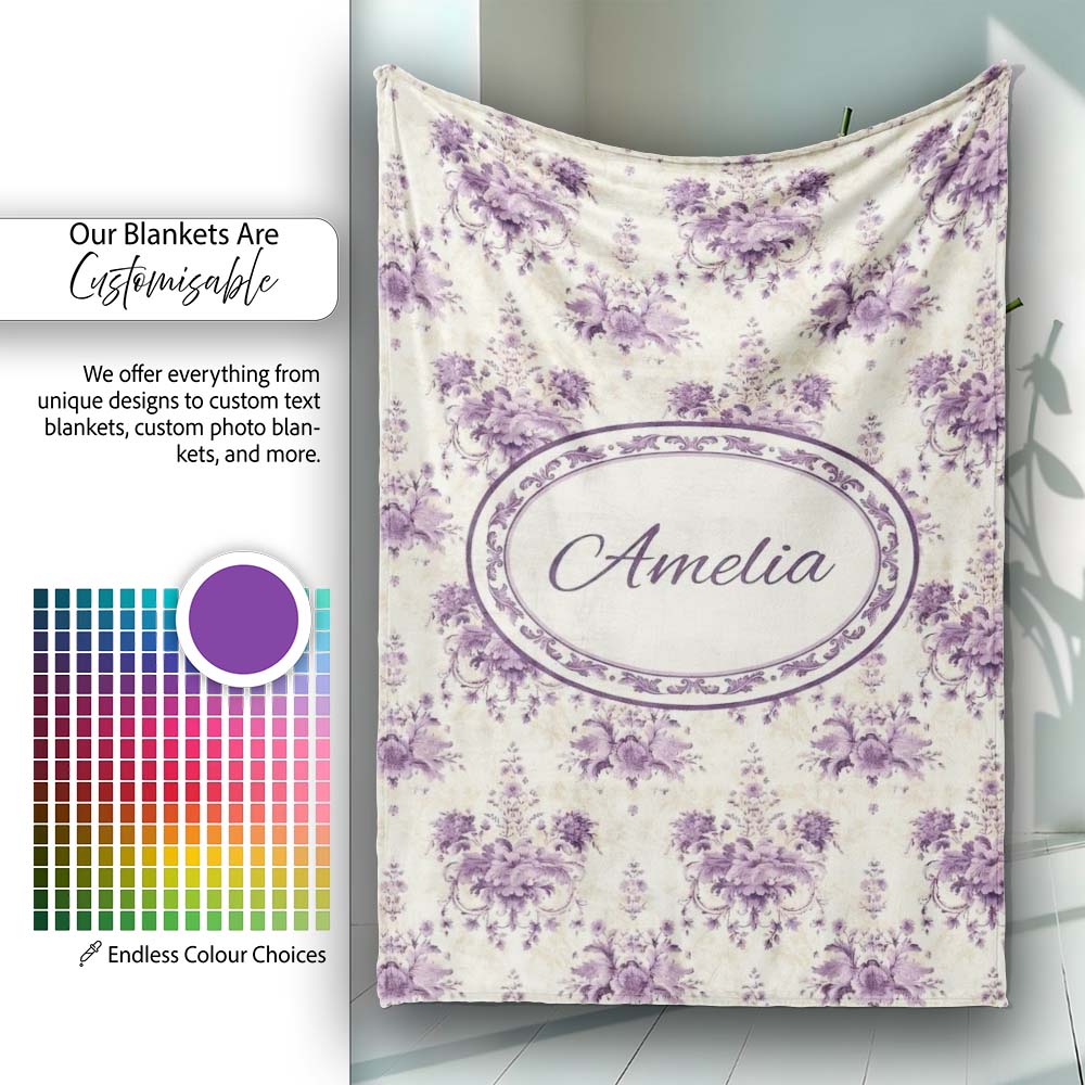 Elegant Purple Damask Floral Vintage Seamless Pattern Lovely Personalised Custom Name Super Soft Fleece Blanket Bed Sofa Throw