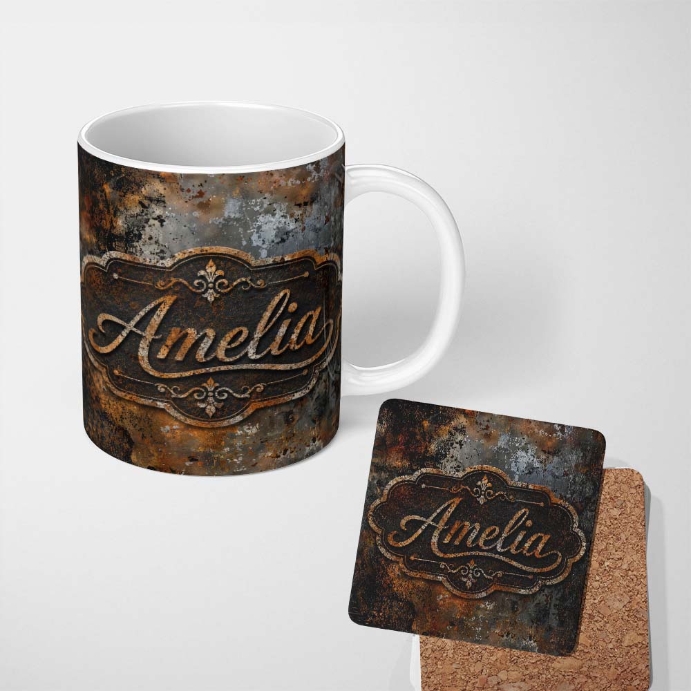 Personalized Custom Name Blue Grey Rust Oxidation Texture Industrial Grunge Seamless Pattern 11oz Ceramic Coffee Tea Mug White Large Handle