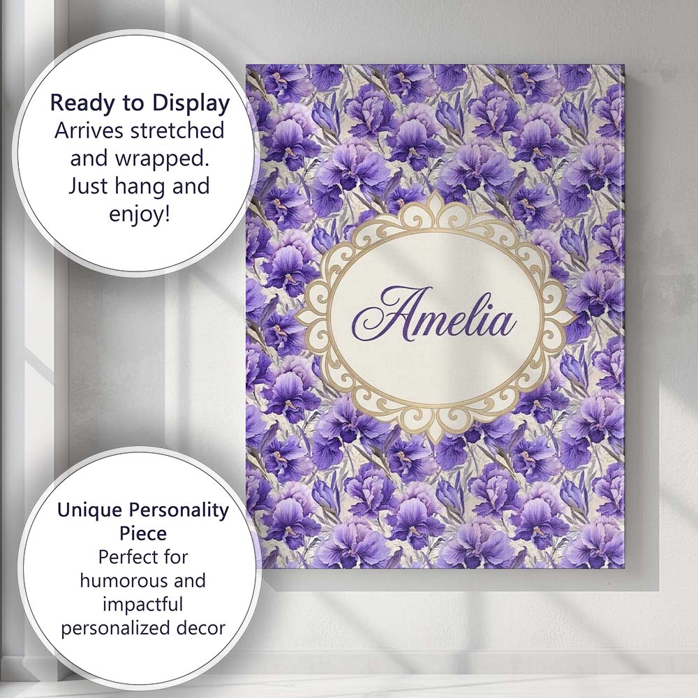 Personalised Name Purple Iris Flower Garden Custom Bespoke Interior Contemporary Canvas Wall Art Print Decor Picture Ready to Hang