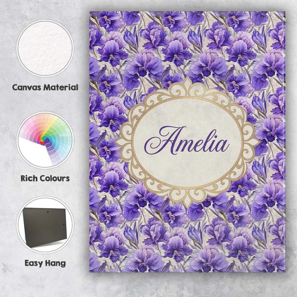 Personalised Name Purple Iris Flower Garden Custom Bespoke Interior Contemporary Canvas Wall Art Print Decor Picture Ready to Hang