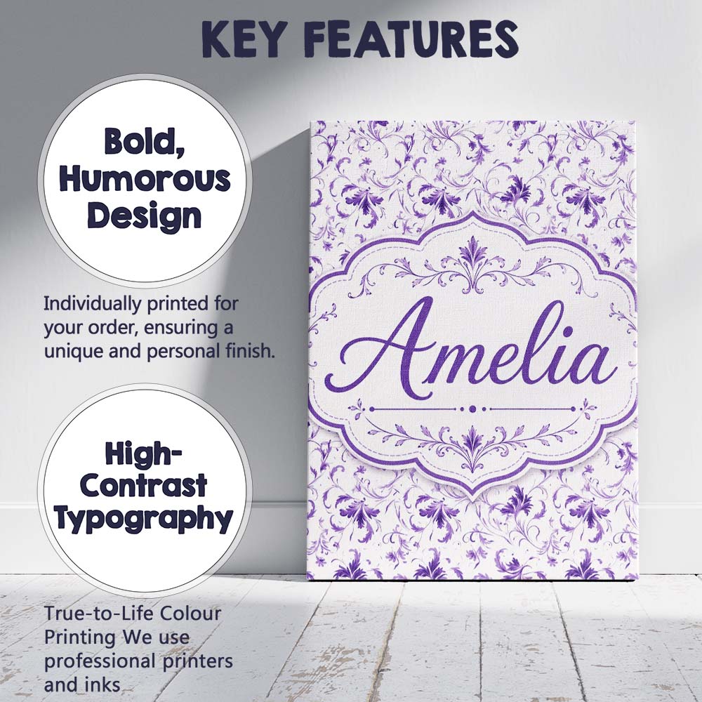 Personalised Name Delicate Purple Floral Custom Unique Gift Idea Elegant Feature Canvas Wall Art Print Decor Picture Ready to Hang