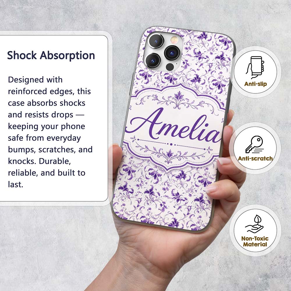 Delicate Purple Floral Vine Ditsy Printed Design Custom Name Protective Phone Case Mobile Cover Durable Everyday Smartphone Shock Resistant