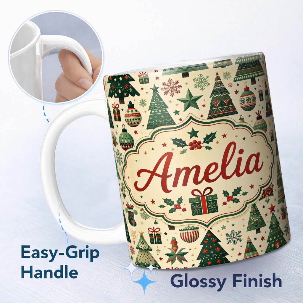 Personalized Custom Name Scandinavian Christmas Tree Star Ornament Nordic Seamless Pattern 11oz Ceramic Coffee Tea Mug White Large Handle