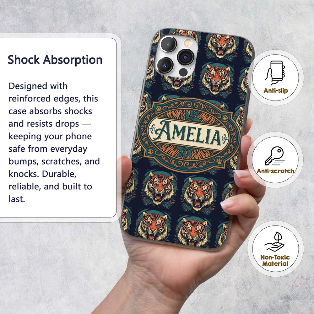 Roaring Tiger Head Bold Wildlife Seamless Pattern Custom Name Protective Phone Case Mobile Cover Durable Everyday Smartphone Shock Resistant