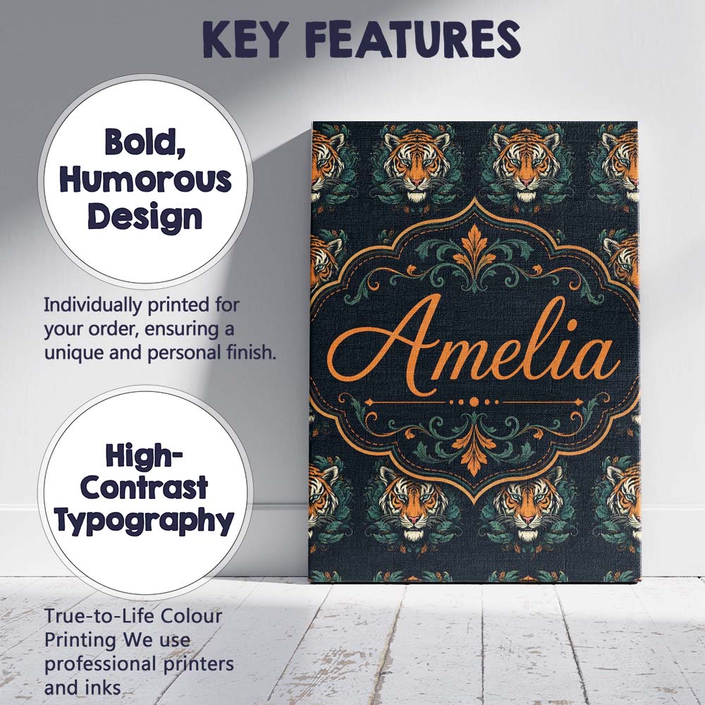 Personalised Name Decorative Tiger Portrait Custom Bespoke Interior Contemporary Canvas Wall Art Print Decor Picture Ready to Hang