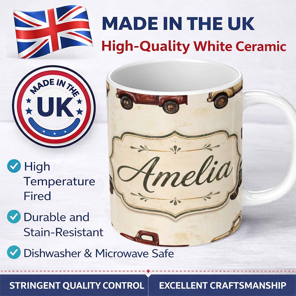 Personalized Custom Name Vintage Classic Pickup Truck Transport Seamless Pattern Lovely 11oz Ceramic Coffee Tea Mug White Large Handle
