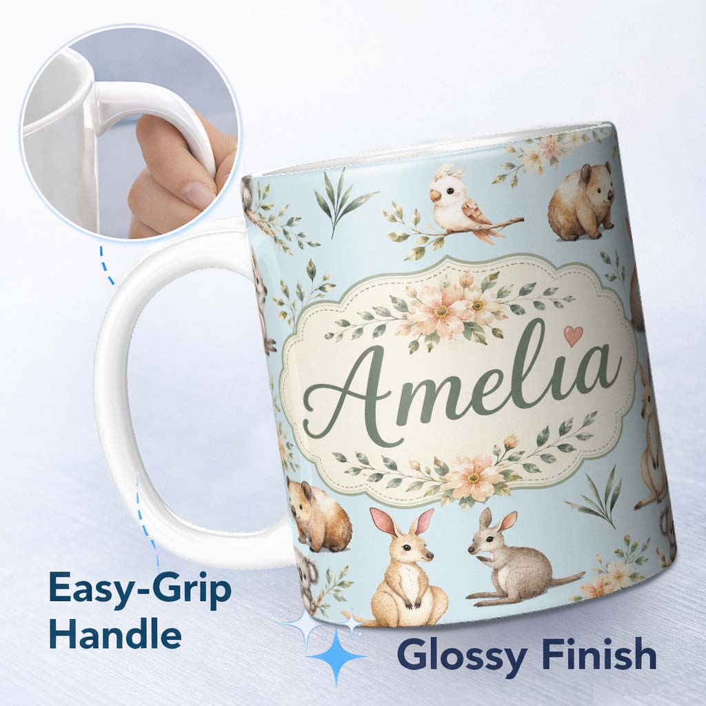 Personalized Custom Name Cute Woodland Animals Koala Kangaroo Bear Floral Pattern Blue Lovely 11oz Ceramic Coffee Tea Mug White Large Handle