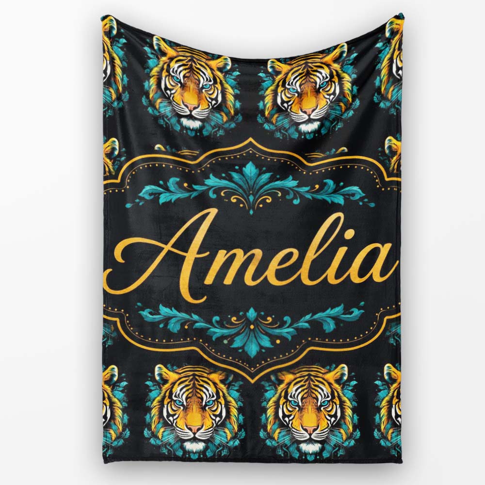 Vibrant Tiger Head Illustration Repeat Seamless Pattern Lovely Personalised Custom Name Super Soft Fleece Blanket Bed Sofa Throw