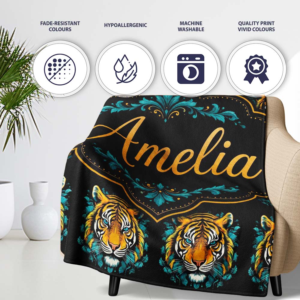 Vibrant Tiger Head Illustration Repeat Seamless Pattern Lovely Personalised Custom Name Super Soft Fleece Blanket Bed Sofa Throw