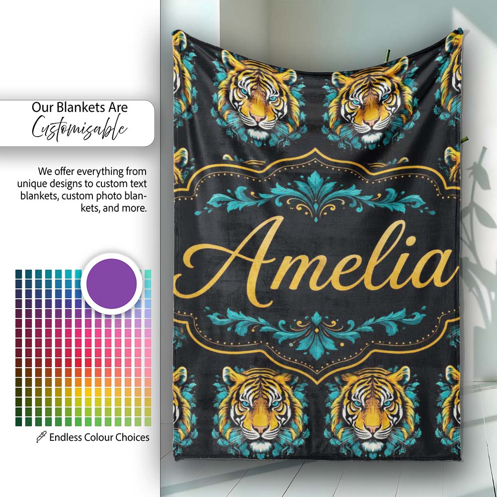 Vibrant Tiger Head Illustration Repeat Seamless Pattern Lovely Personalised Custom Name Super Soft Fleece Blanket Bed Sofa Throw