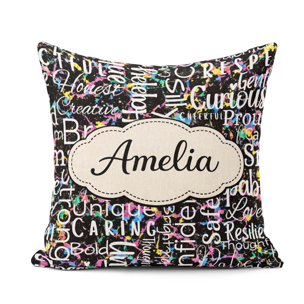 Custom Name Pink Glitter Black Motivational Word Pattern Lovely Square Filled Cushion Throw Pillow Sofa Bed Home Decor Zip Washable UK Made