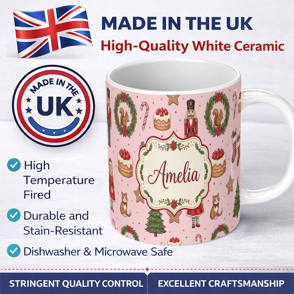 Personalized Custom Name Christmas Nutcracker Squirrel Cake Candy Cane Girl Tree Light Pink 11oz Ceramic Coffee Tea Mug White Large Handle