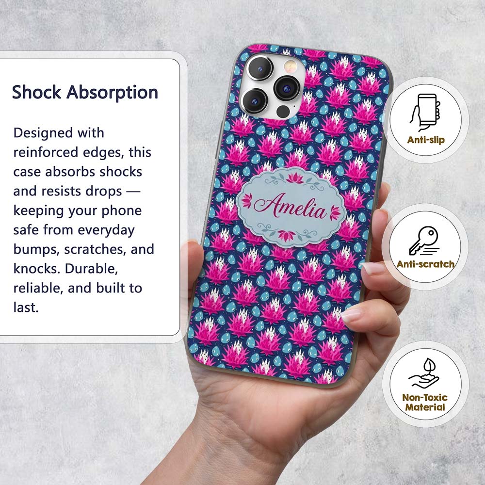 Pink Lotus Flower and Seed Pods Seamless Pattern Custom Name Protective Phone Case Mobile Cover Durable Everyday Smartphone Shock Resistant