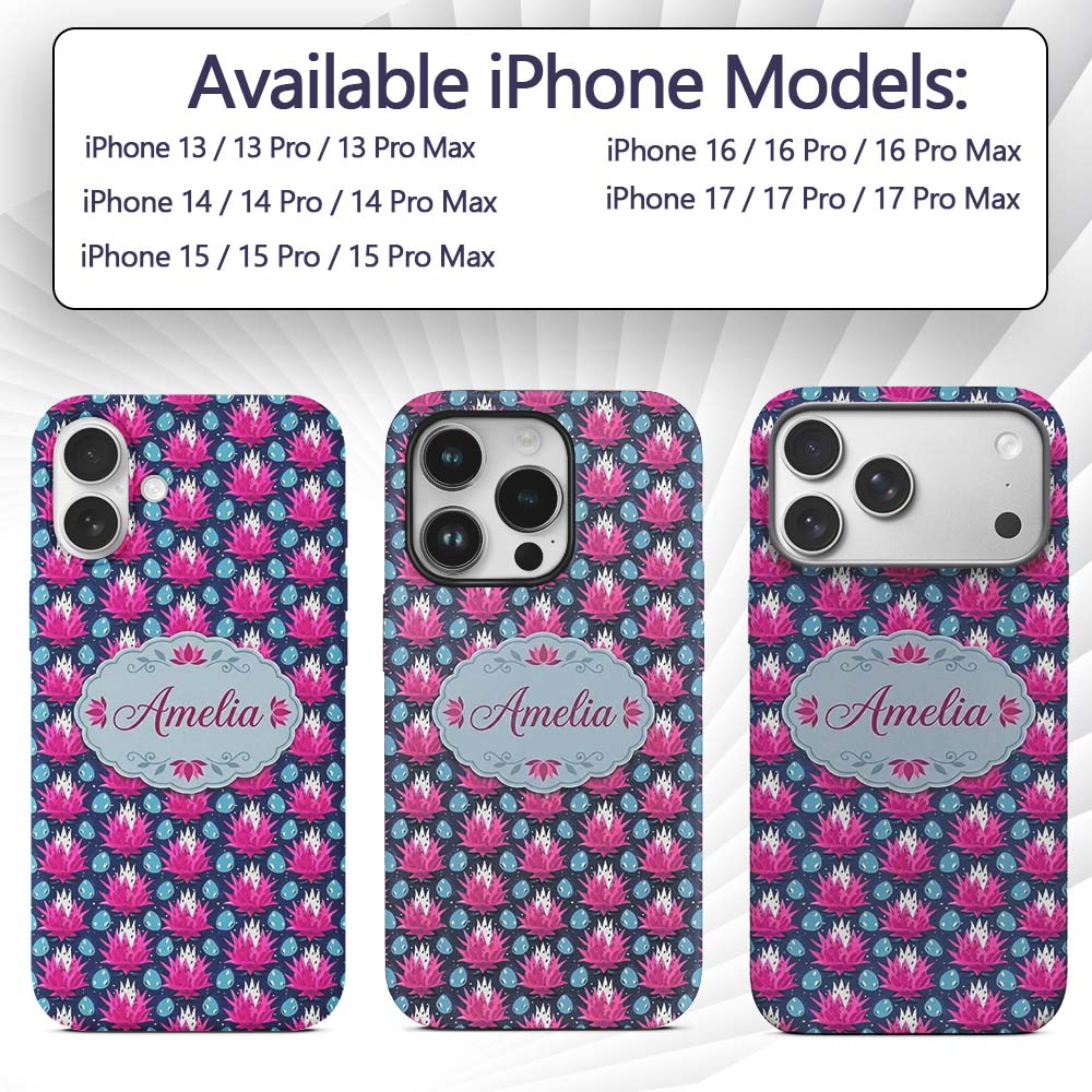 Pink Lotus Flower and Seed Pods Seamless Pattern Custom Name Protective Phone Case Mobile Cover Durable Everyday Smartphone Shock Resistant