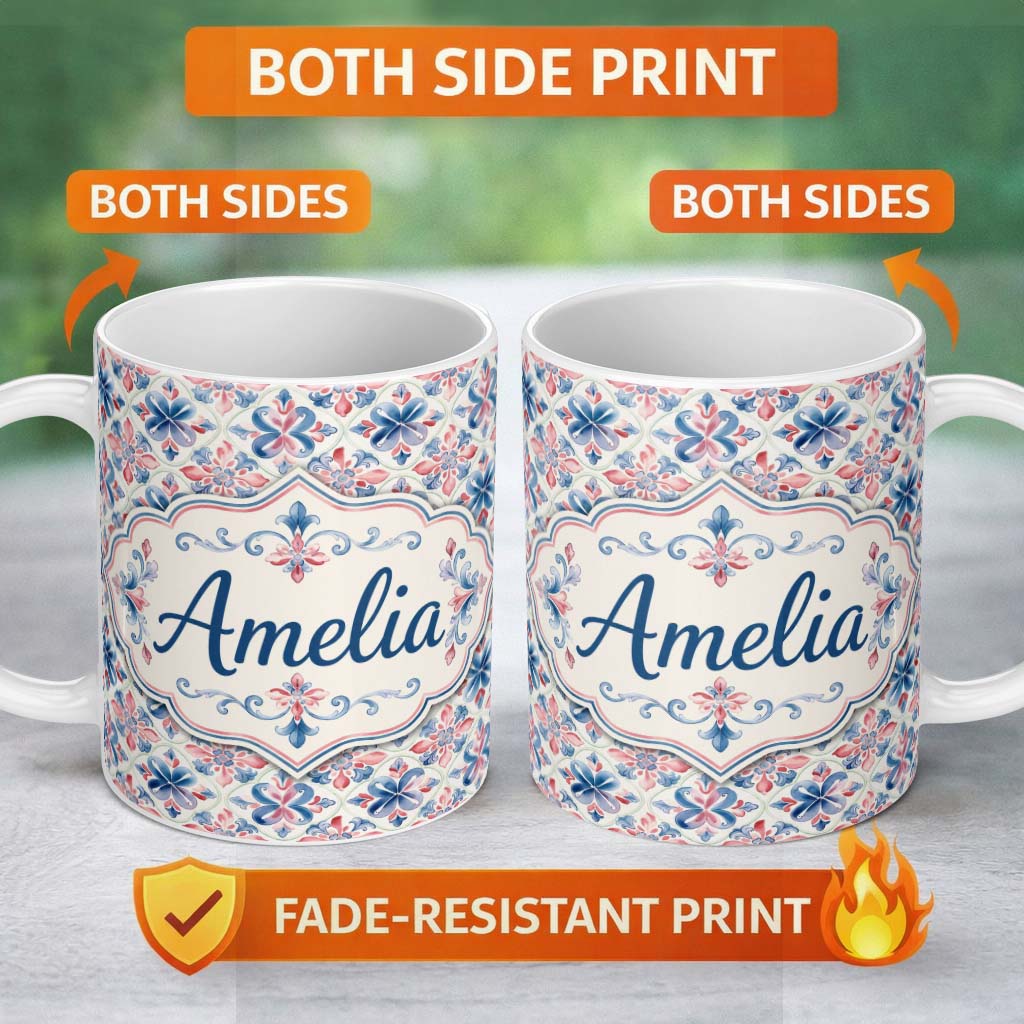 Personalized Custom Name Red and Blue Classic Floral Tile Pattern with Soft Vintage Symmetry 11oz Ceramic Coffee Tea Mug White Large Handle