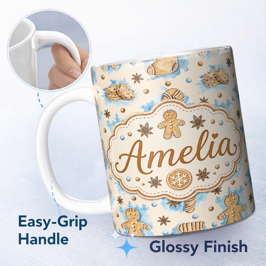 Personalized Custom Name Watercolor Gingerbread Man Cookies Candy Cane Sweet Seamless Pattern 11oz Ceramic Coffee Tea Mug White Large Handle