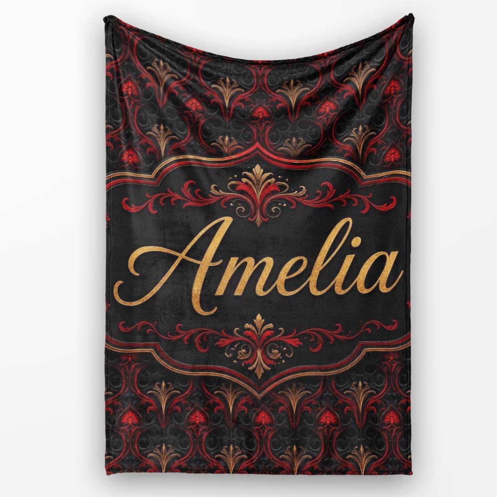 Luxury Red Black Baroque Ornamental Seamless Pattern Lovely Personalised Custom Name Super Soft Fleece Blanket Bed Sofa Throw
