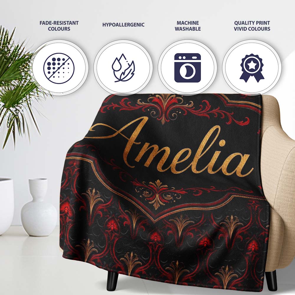 Luxury Red Black Baroque Ornamental Seamless Pattern Lovely Personalised Custom Name Super Soft Fleece Blanket Bed Sofa Throw