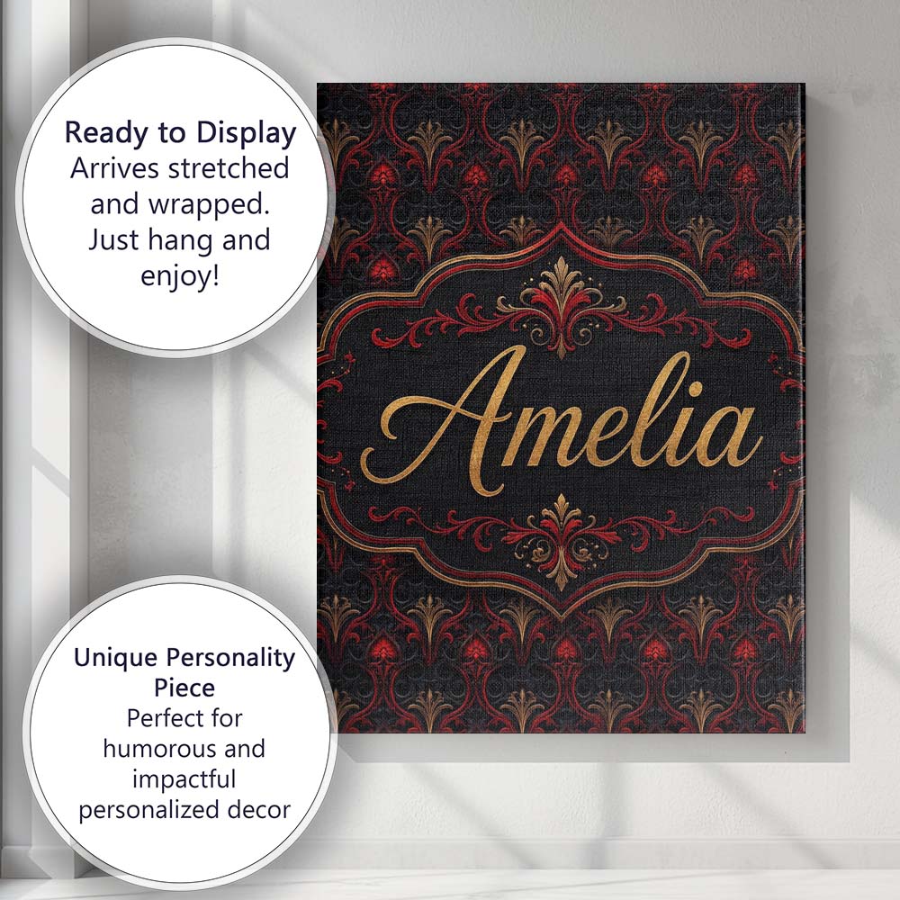 Personalised Name Luxury Red Black Baroque Custom Unique Gift Idea Elegant Feature Canvas Wall Art Print Decor Picture Ready to Hang