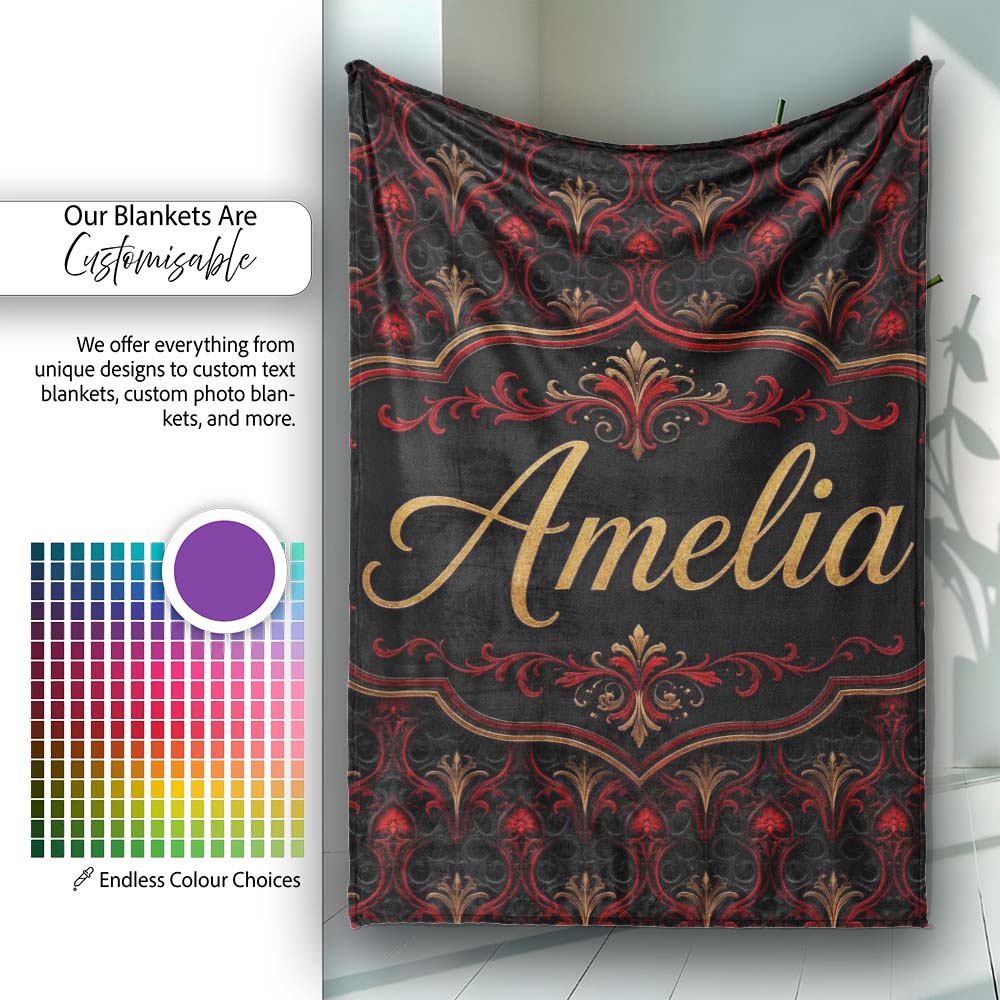 Luxury Red Black Baroque Ornamental Seamless Pattern Lovely Personalised Custom Name Super Soft Fleece Blanket Bed Sofa Throw