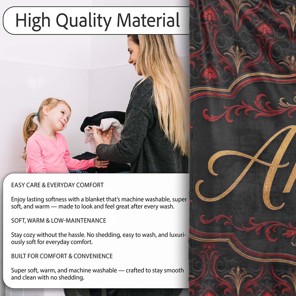 Luxury Red Black Baroque Ornamental Seamless Pattern Lovely Personalised Custom Name Super Soft Fleece Blanket Bed Sofa Throw