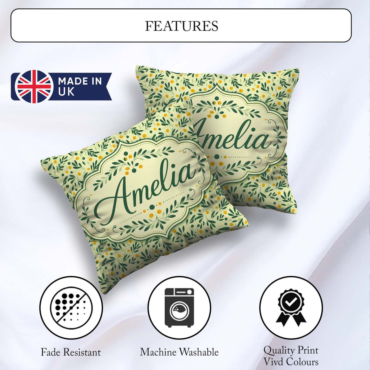 Custom Name Minimal Olive Leaves and Berries Soft Green Seamless Square Filled Cushion Throw Pillow Sofa Bed Home Decor Zip Washable UK Made