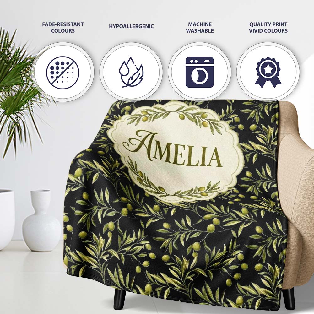 Olive Branch Leaves on Dark Background Seamless Pattern Lovely Personalised Custom Name Super Soft Fleece Blanket Bed Sofa Throw