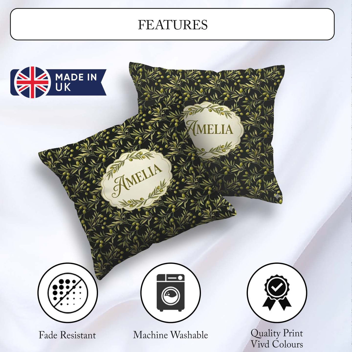 Custom Name Olive Branch Leaves on Dark Seamless Pattern Lovely Square Filled Cushion Throw Pillow Sofa Bed Home Decor Zip Washable UK Made