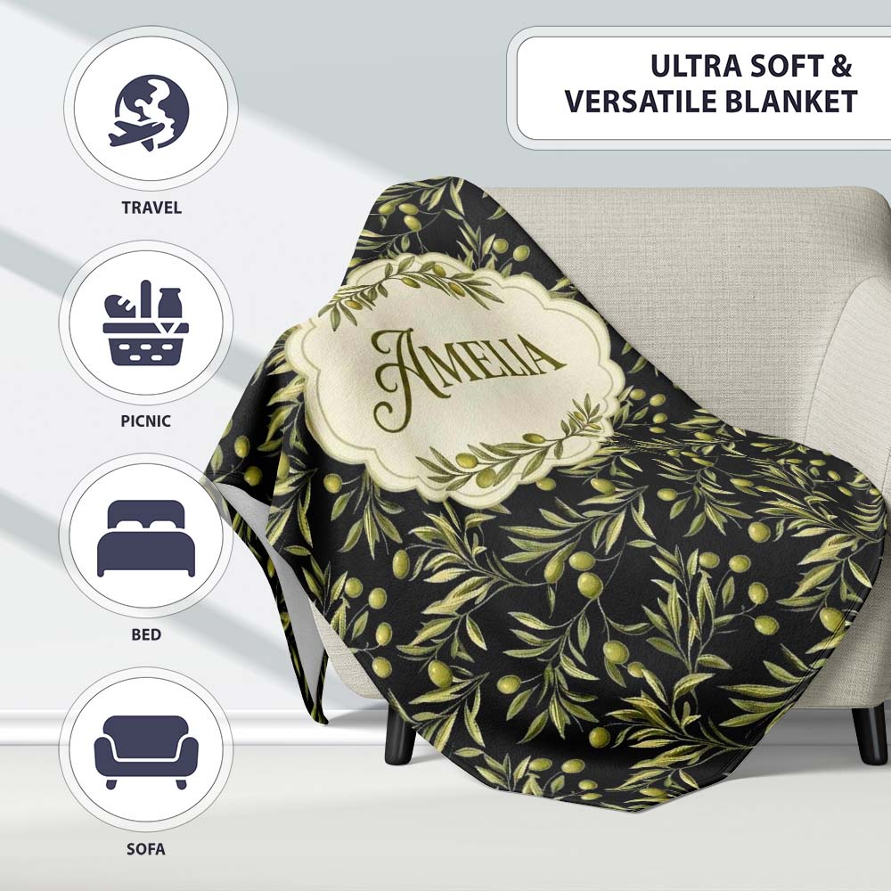 Olive Branch Leaves on Dark Background Seamless Pattern Lovely Personalised Custom Name Super Soft Fleece Blanket Bed Sofa Throw