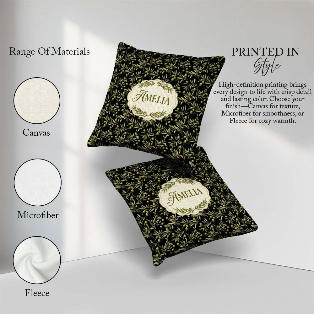 Custom Name Olive Branch Leaves on Dark Seamless Pattern Lovely Square Filled Cushion Throw Pillow Sofa Bed Home Decor Zip Washable UK Made