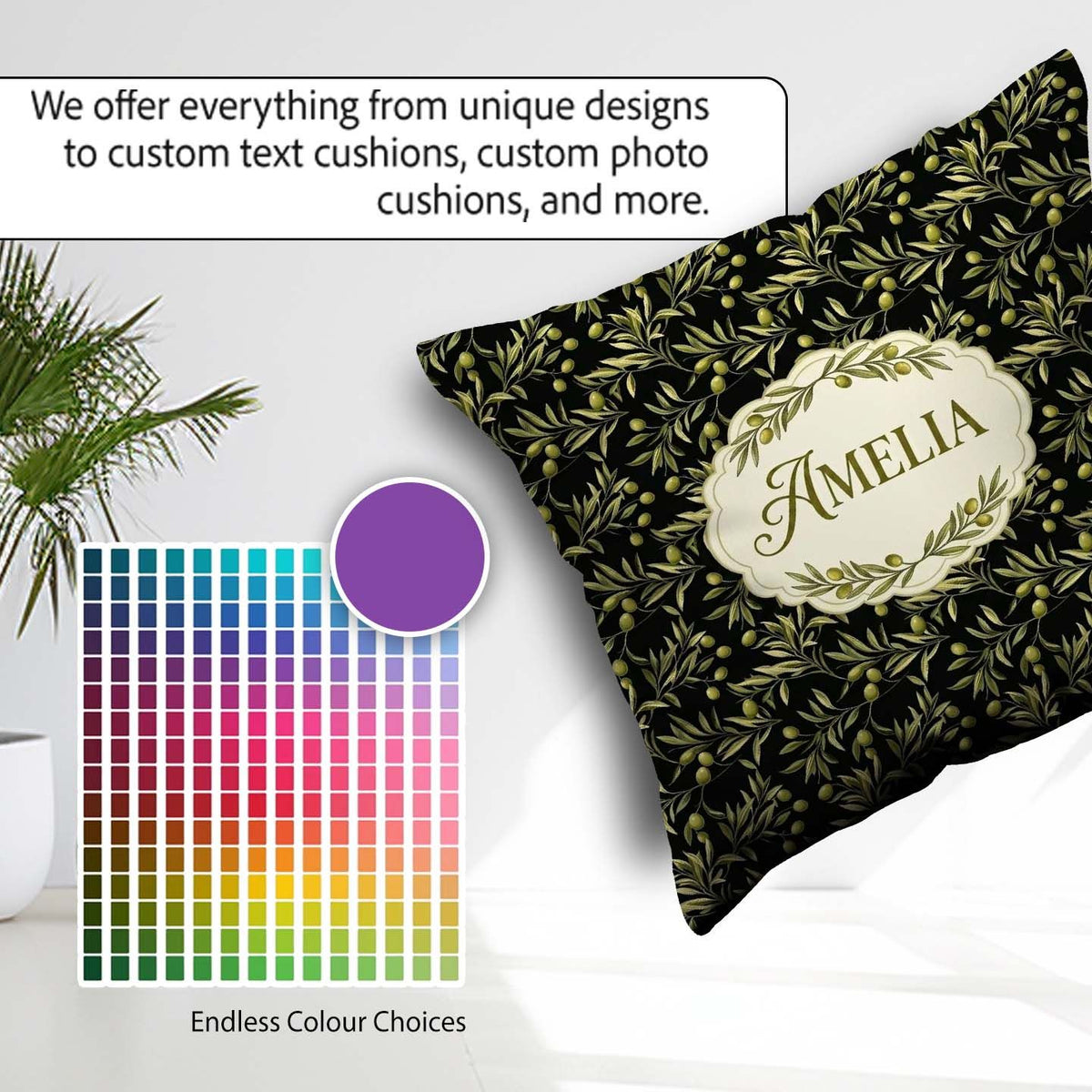 Custom Name Olive Branch Leaves on Dark Seamless Pattern Lovely Square Filled Cushion Throw Pillow Sofa Bed Home Decor Zip Washable UK Made