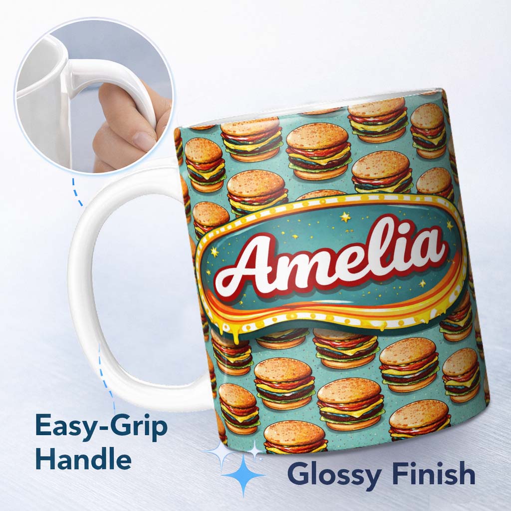 Personalized Custom Name Cute Flat Burger Seamless Pattern Teal Background Fast Food Design 11oz Ceramic Coffee Tea Mug White Large Handle