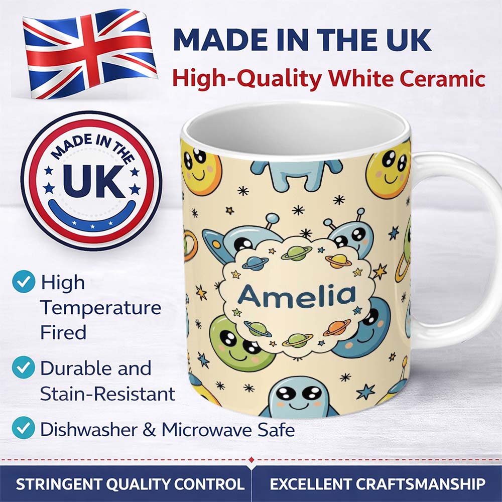 Personalized Custom Name Cute Space Aliens Planets Stars Galaxy Fun Seamless Pattern Lovely 11oz Ceramic Coffee Tea Mug White Large Handle