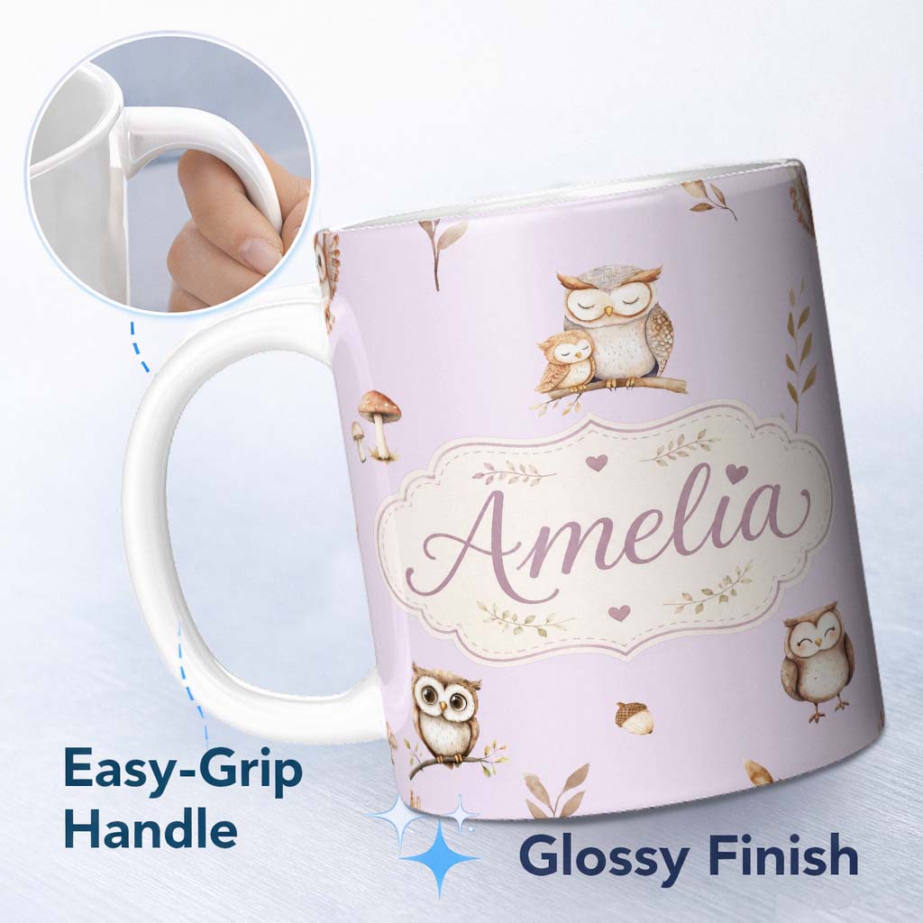 Personalized Custom Name Woodland Owls with Mushrooms Leaves Soft Lavender Seamless Pattern 11oz Ceramic Coffee Tea Mug White Large Handle