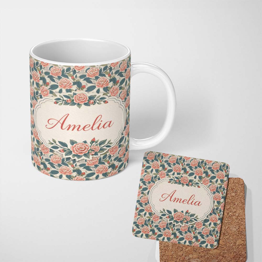 Personalized Custom Name Dark Background Coral Rose Floral Seamless Pattern Cute Unique Gift 11oz Ceramic Coffee Tea Mug White Large Handle