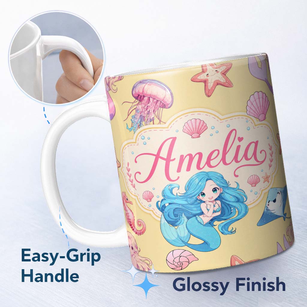 Personalized Custom Name Mermaid Ocean Friends Jellyfish Starfish Mustard Yellow Background 11oz Ceramic Coffee Tea Mug White Large Handle