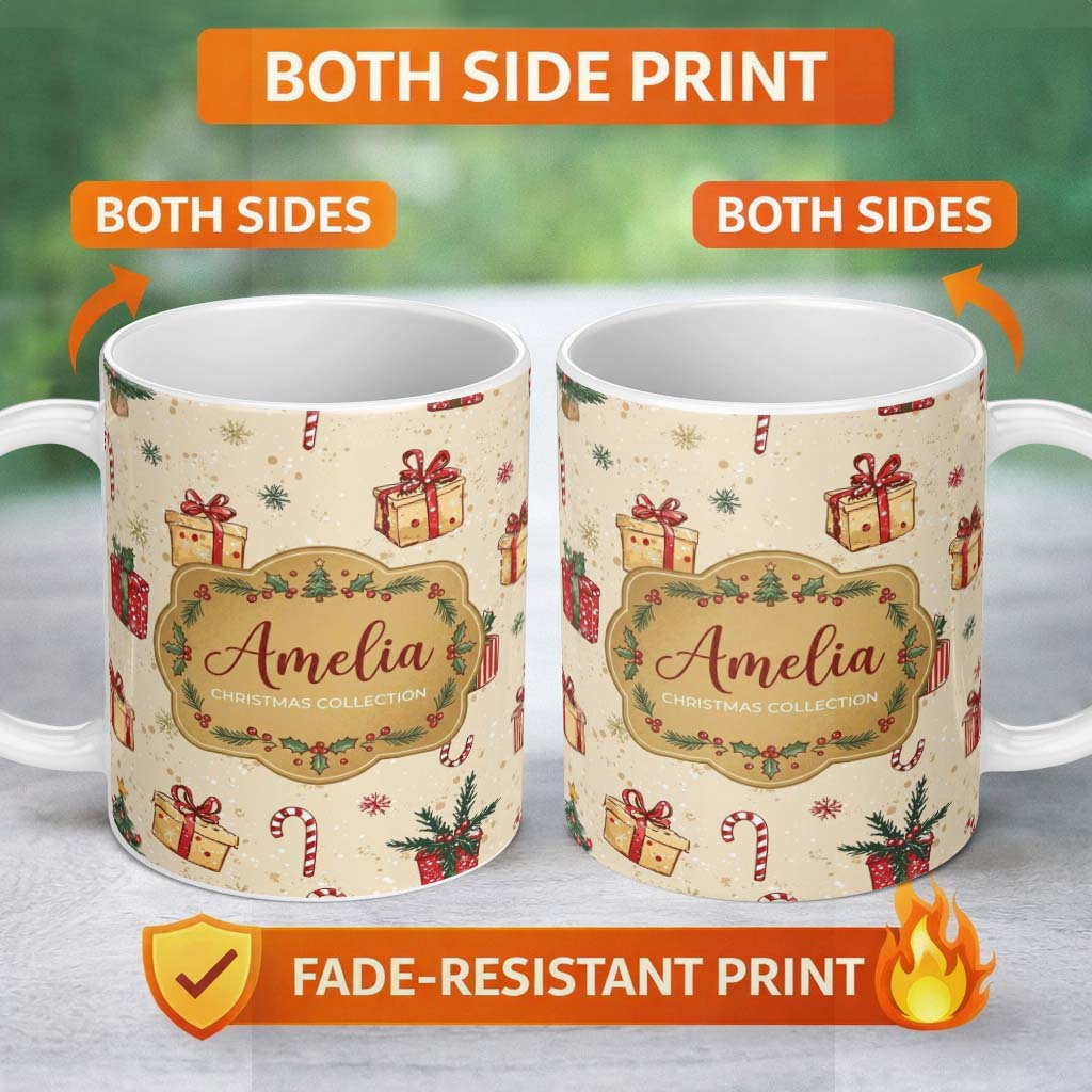 Personalized Custom Name Christmas Tree Candy Cane Gift Box Snowflakes Seamless Pattern 11oz Ceramic Coffee Tea Mug White Large Handle