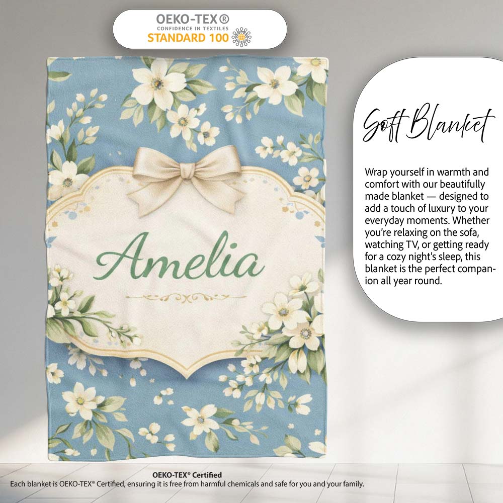 Soft White Floral Blossom Vintage Style Thoughtful Gift Idea Lovely Personalised Custom Name Super Soft Fleece Blanket Bed Sofa Throw