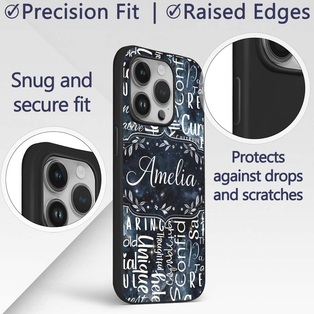 Galaxy Sparkle Typography Black Motivational Word Custom Name Protective Phone Case Mobile Cover Durable Everyday Smartphone Shock Resistant