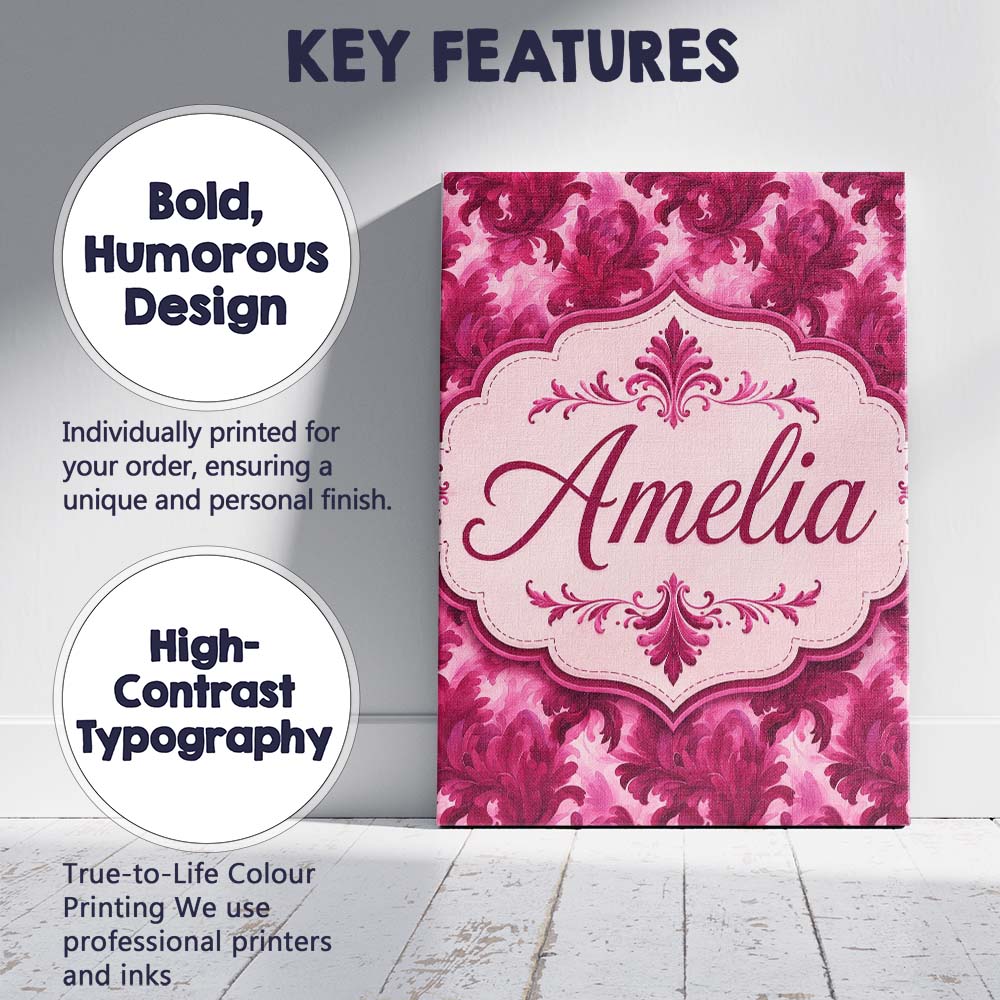 Personalised Name Artistic Pink Floral Custom Modern Room Accent Elegant Feature Canvas Wall Art Print Decor Picture Ready to Hang