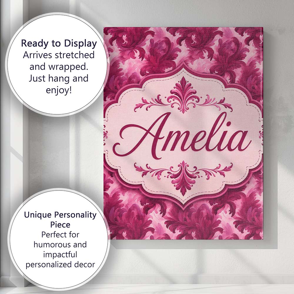 Personalised Name Artistic Pink Floral Custom Modern Room Accent Elegant Feature Canvas Wall Art Print Decor Picture Ready to Hang