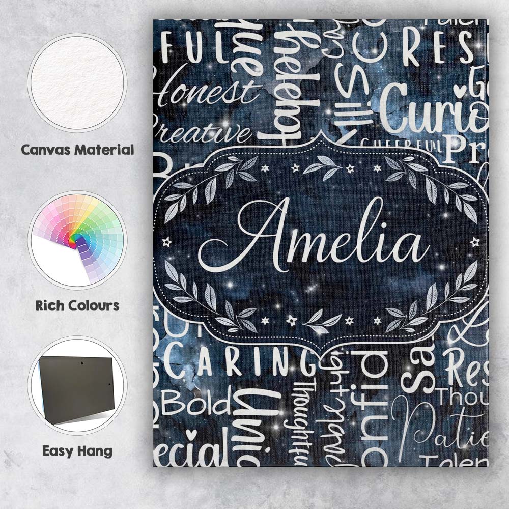 Personalised Name Galaxy Sparkle Typography Black Motivational Word Custom Canvas Wall Art Print Decor Picture Ready to Hang