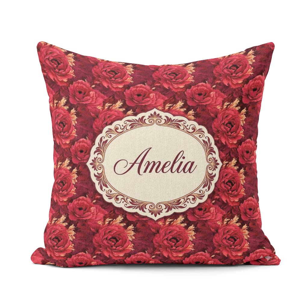 Custom Name Rich Red Peony Flower Garden Seamless Pattern Coffee Square Filled Cushion Throw Pillow Sofa Bed Home Decor Zip Washable UK Made