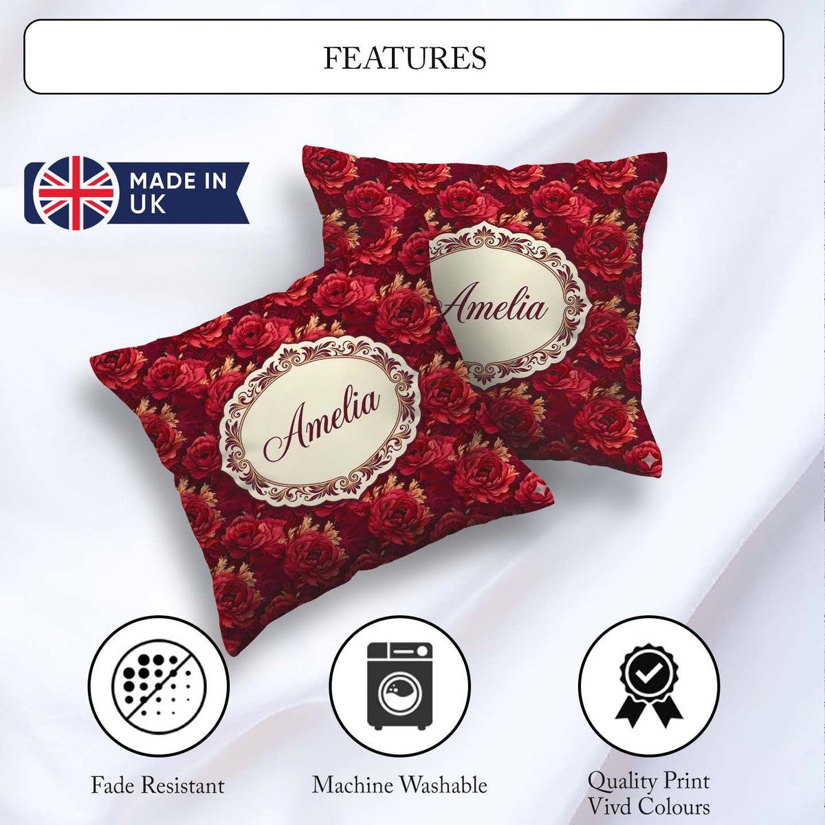 Custom Name Rich Red Peony Flower Garden Seamless Pattern Coffee Square Filled Cushion Throw Pillow Sofa Bed Home Decor Zip Washable UK Made