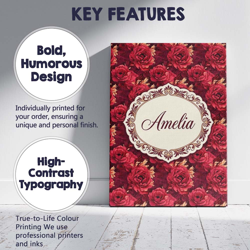 Personalised Name Rich Red Peony Flower Custom Modern Room Accent Elegant Feature Canvas Wall Art Print Decor Picture Ready to Hang