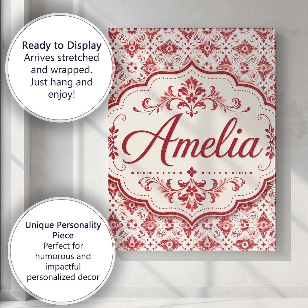 Personalised Name Delicate Red Floral Custom Modern Room Accent Creative Decorator Style Canvas Wall Art Print Decor Picture Ready to Hang