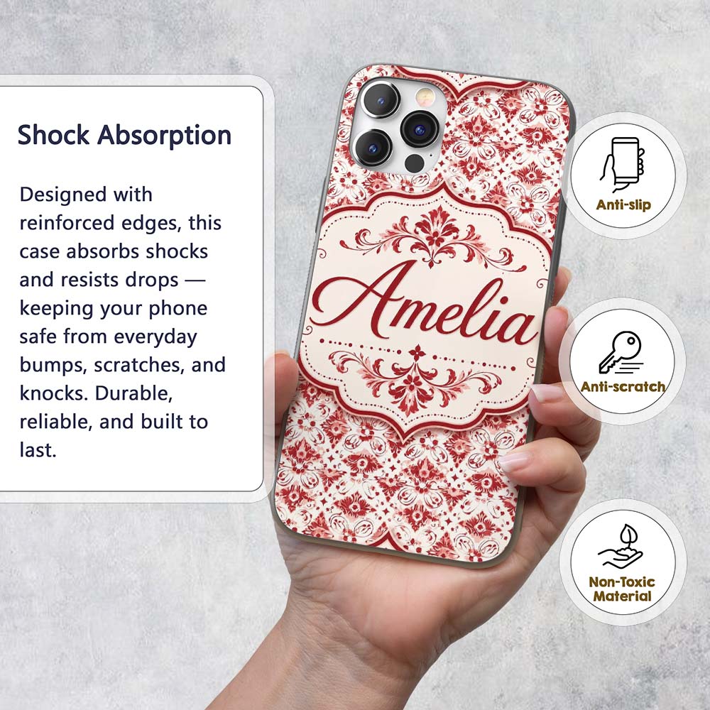 Delicate Red Floral Decorative Motif Seamless Custom Name Protective Phone Case Mobile Cover Durable Everyday Smartphone Shock Resistant
