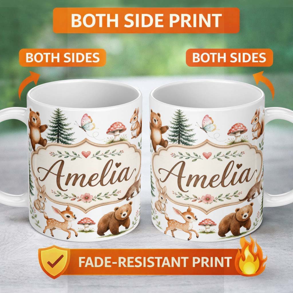 Personalized Custom Name Forest Animals Bear Deer Fox Owl Raccoon on Soft Grey Seamless 11oz Ceramic Coffee Tea Mug White Large Handle