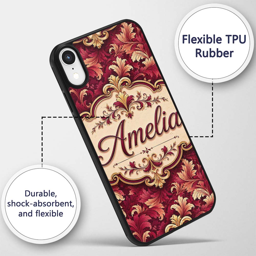 Luxury Red and Gold Ornate Floral Printed Design Custom Name Protective Phone Case Mobile Cover Durable Everyday Smartphone Shock Resistant